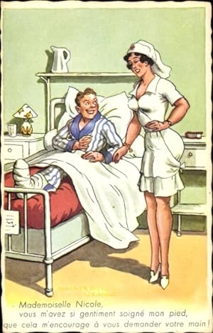 Künstler Ansichtskarte / Postkarte Mann im Krankenbett hält um Hand der Krankenschwester an