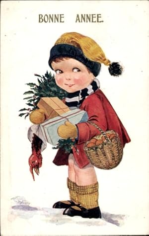 Künstler Ansichtskarte / Postkarte Glückwunsch Neujahr, Kind, Geschenke, Stechpalme