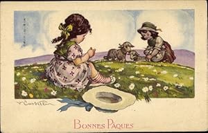 Künstler Ansichtskarte / Postkarte Castelli, Glückwunsch Ostern, Mädchen mit Lämmern auf einer Wiese