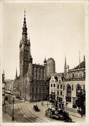 Ansichtskarte / Postkarte Danzig, Rathaus, Langemarkt, Neptunsbrunnen, Artushof, Marienkirchturm