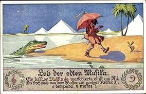 Künstler Ansichtskarte / Postkarte Kutzer, Ernst, Lob der edlen Musika, Krokodil, Nil, Pyramiden,...