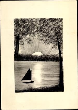 Handgemalt Ansichtskarte / Postkarte Segelboot auf dem Wasser, Sonnenuntergang