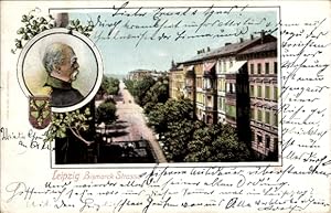 Ansichtskarte / Postkarte Leipzig in Sachsen, Blick in die Bismarck Straße, Portrait von Bismarck...