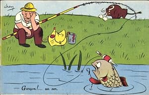Künstler Ansichtskarte / Postkarte Schlafender Angler, Fisch hält ihm den leeren Haken hin