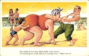 Künstler Ansichtskarte / Postkarte Mann zieht dicke Frau im Badeanzug, Junge schiebt