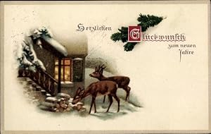 Litho Fröhliches Neujahr, Zwei Rehe vor einem Haus, Schnee, Feuerholz