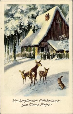 Ansichtskarte / Postkarte Fröhliches Neujahr, Verschneites Haus am Waldrand, Rehe, Hase