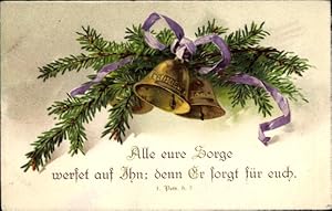 Ansichtskarte / Postkarte Glückwunsch Neujahr, 1. Petr. 5. 7., Glocken, Tannenzweig