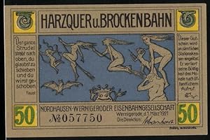 Image du vendeur pour Notgeld Wernigerode 1921, 50 Pfennig, Ein Schwarm Hexen auf ihren Besen fliegt los mis en vente par Bartko-Reher