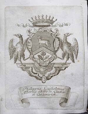 Exlibris. Das Wappen mit Schaf, gehalten von 2 Adlern, darüber Krone mit 9 Zacken. Unten mit Schr...