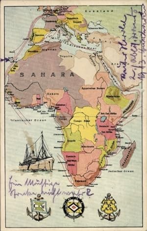 Landkarten Ansichtskarte / Postkarte HAPAG, DOAL, C. Woermann, Dampfer, Schifffahrtslinien Afrika