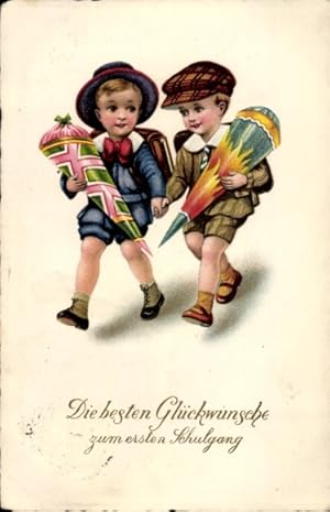 Ansichtskarte / Postkarte Glückwunsch Einschulung, Jungen mit Zuckertüten