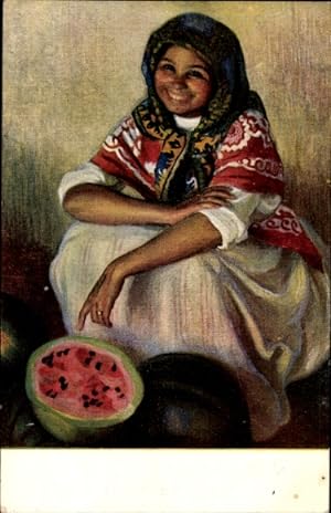 Seller image for Knstler Ansichtskarte / Postkarte Portrait einer Frau in spanischer Tracht mit Wassermelone for sale by akpool GmbH