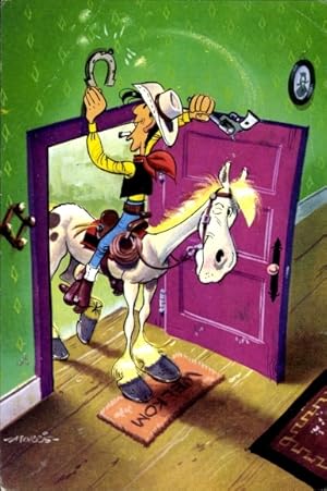 Bild des Verkufers fr Knstler Ansichtskarte / Postkarte Lucky Luke schlgt mit Pistole ein Hufeisen an die Wand, Reklame Pep zum Verkauf von akpool GmbH