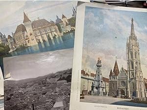 Three views of the city of Budapest. Matias Kirche, Historischer Pavilion, Panorama von Blocksberg.