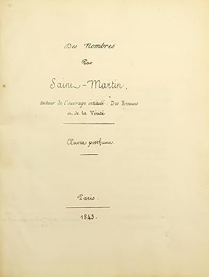 Image du vendeur pour Des nombres. oeuvre posthume, 1843 mis en vente par La Fontaine d'Arthuse