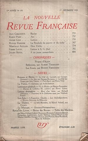 Bild des Verkufers fr La Nouvelle Revue Franaise Dcembre 1929 N 195 zum Verkauf von Librairie Diona