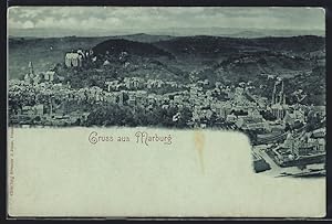 Mondschein-Ansichtskarte Marburg, Gesamtansicht mit Kirche in der Hügellandschaft