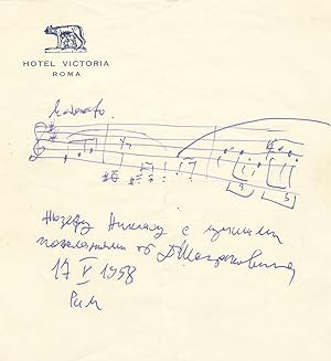 Autograph musical quotation from the composer's Sixth Symphony, signed [in Cyrillic] "D Shostakov...