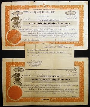 Two Allied Divide Mining Company Stock Certificates 1917 - 1919