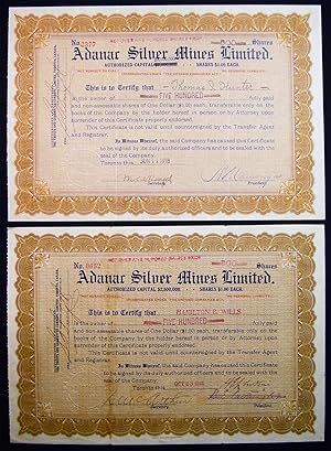 Image du vendeur pour Two Adanac Silver Mines Limited Stock Certificates 1916 & 1918 mis en vente par Certain Books, ABAA