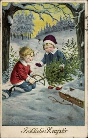 Ansichtskarte / Postkarte Glückwunsch Neujahr, Kinder fällen einen Tannenbaum, Schlitten