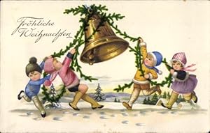 Ansichtskarte / Postkarte Glückwunsch Weihnachten, Jungen und Mädchen mit großer Glocke