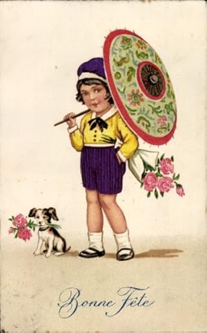 Ansichtskarte / Postkarte Glückwunsch, Kind mit Sonnenschirm und Blumenstrauß, kleiner Hund