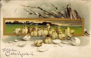 Präge Ansichtskarte / Postkarte Glückwunsch Ostern, Geschlüpfte Küken, Weidenkätzchen