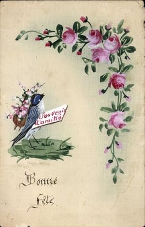 Handgemalt Ansichtskarte / Postkarte Glückwunsch, Rosenblüten und Vogel