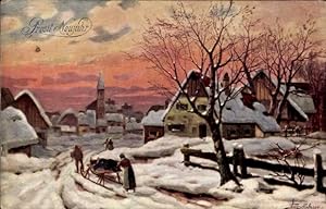 Künstler Ansichtskarte / Postkarte Glückwunsch Neujahr, Ortschaft im Winter, Schlitten