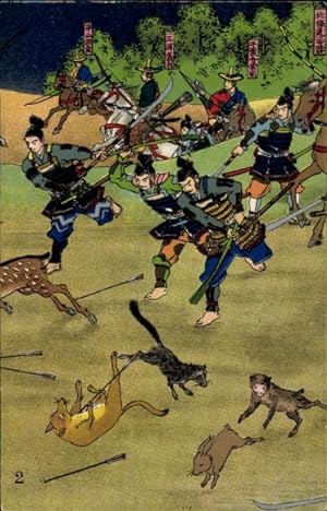 Ansichtskarte / Postkarte Japan, Jagdszene, Fuchs, Affe, Hase, Samurai