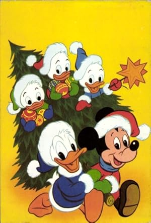 Künstler Ansichtskarte / Postkarte Walt Disney, Donald Duck, Neffen, Micky Maus,Tannenbaum