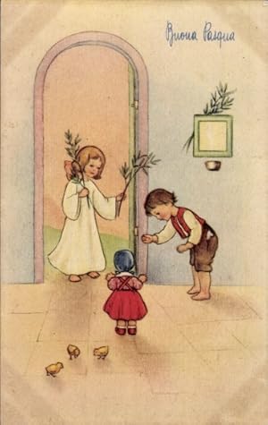 Ansichtskarte / Postkarte Glückwunsch Ostern, Engel, Kinder, Küken