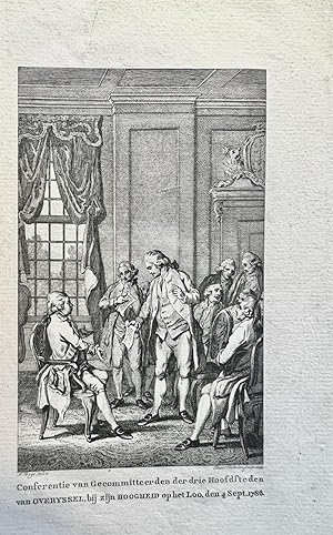 Bild des Verkufers fr History print Overijssel | Antique etching titled Conferentie van Gecommitteerden der drie Hoofdsteden van Overysssel, bij zijn Hoogheid op het Loo, den 4 Sept. 1786, 1 p. zum Verkauf von Antiquariaat Arine van der Steur / ILAB