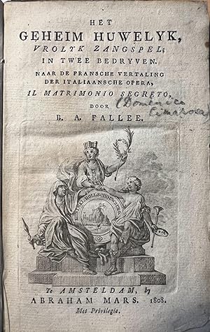 Theatre play rare 1808 | Geheim huwelyk, vrolyk zangspel naar de Fransche vertaling der italiaans...