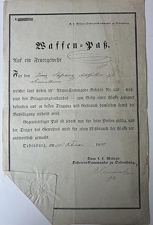 German waffen pass 1850  | Waffen Pass auf ein Feuergewehr fur Georg Safrang Schluttlar  Simunthu...