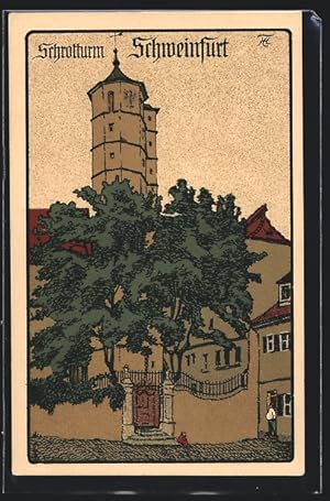 Steindruck-Ansichtskarte Schweinfurt, Partie am Schrotturm