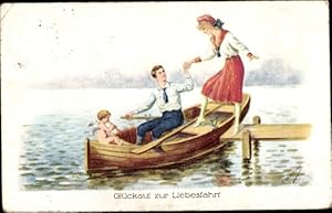 Künstler Ansichtskarte / Postkarte Glückauf zur Liebesfahrt, Liebespaar, Amor, Ruderboot