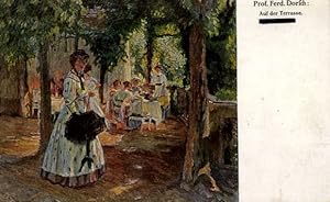 Künstler Ansichtskarte / Postkarte Dorsch, F., Auf der Terrasse, Menschen am Garten