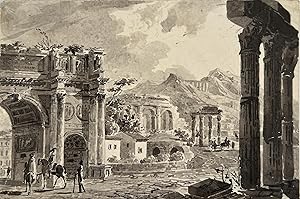 Capriccio with ruins and arc of triomphe animated with figures