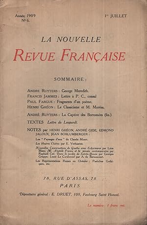 Immagine del venditore per La Nouvelle Revue Franaise Juillet 1909 N 6 venduto da Librairie Lalibela