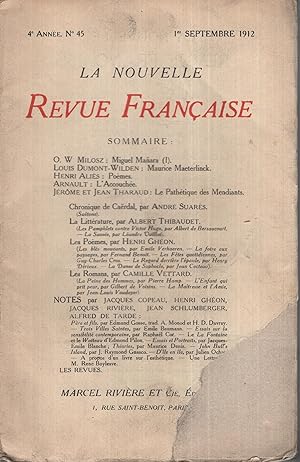 Bild des Verkufers fr La Nouvelle Revue Franaise Septembre 1912 N 45 zum Verkauf von Librairie Lalibela