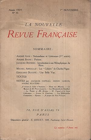 Imagen del vendedor de La Nouvelle Revue Franaise Novembre 1909 N 10 a la venta por Librairie Lalibela