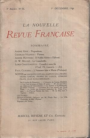 Bild des Verkufers fr La Nouvelle Revue Franaise Dcembre 1911 N 36 zum Verkauf von Librairie Lalibela