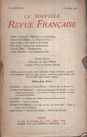 Imagen del vendedor de La Nouvelle Revue Franaise Avril 1928 N 175 a la venta por Librairie Lalibela