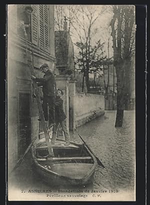 Carte postale Asnieres, Inondation 1910, Perilleux sauvetage, inondation, bateau à rames