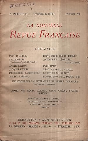 Bild des Verkufers fr La Nouvelle Revue Franaise Aot 1920 N 83 zum Verkauf von Librairie Lalibela