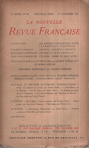 Seller image for La Nouvelle Revue Franaise Novembre 1921 N 98 for sale by Librairie Lalibela