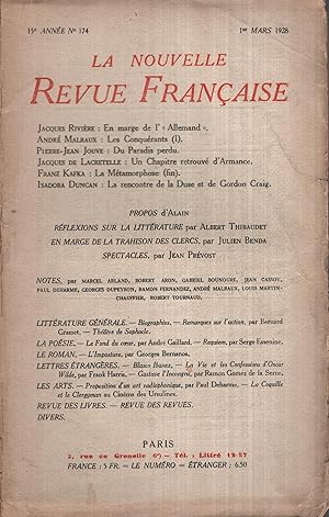 Imagen del vendedor de La Nouvelle Revue Franaise Mars 1928 N 174 a la venta por Librairie Lalibela